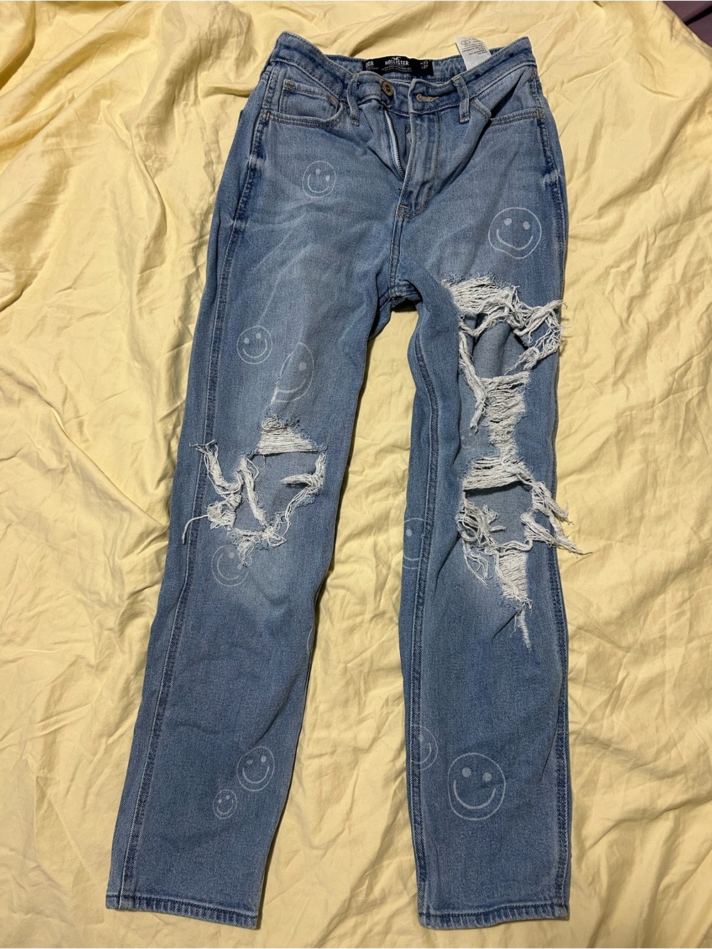 Light Blue Distressed Smile-Print Jeans